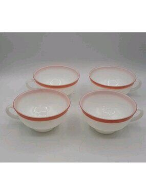 Vintage Set of 4 Pyrex Cups in Milk glass with Flamingo Pink Stripe